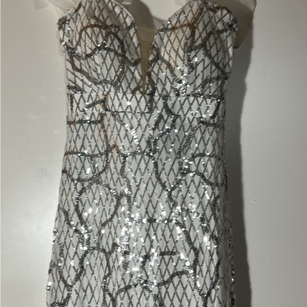 Glamorous Strapless Sequin Dress in Silver and White